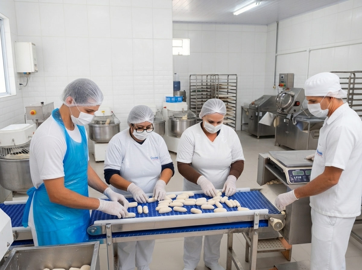 Equipe de produção Saripan trabalhando na fábrica com padrão industrial e higiene